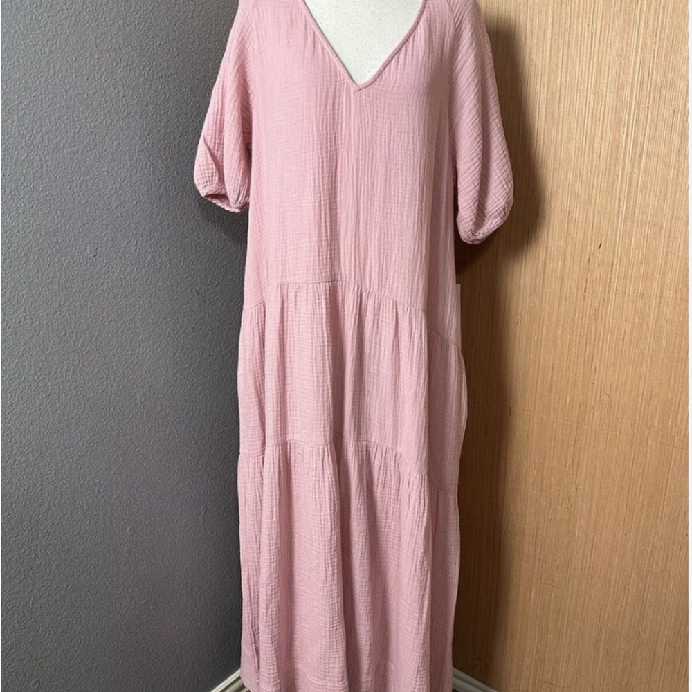 Johnny Was Calme Pink V-Neck Puff Sleeve Maxi Dress